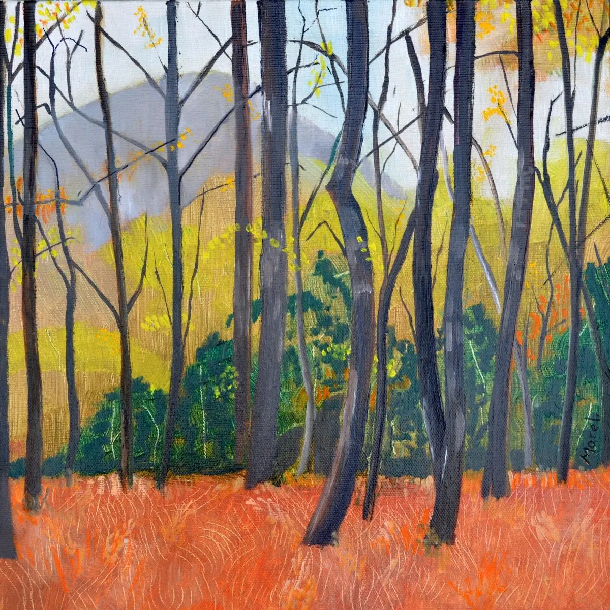 Tableaux de bouleaux au fond le Puy De Dôme en Auvergne peinture à l'huile sur toile, 40x40 cm, 2019