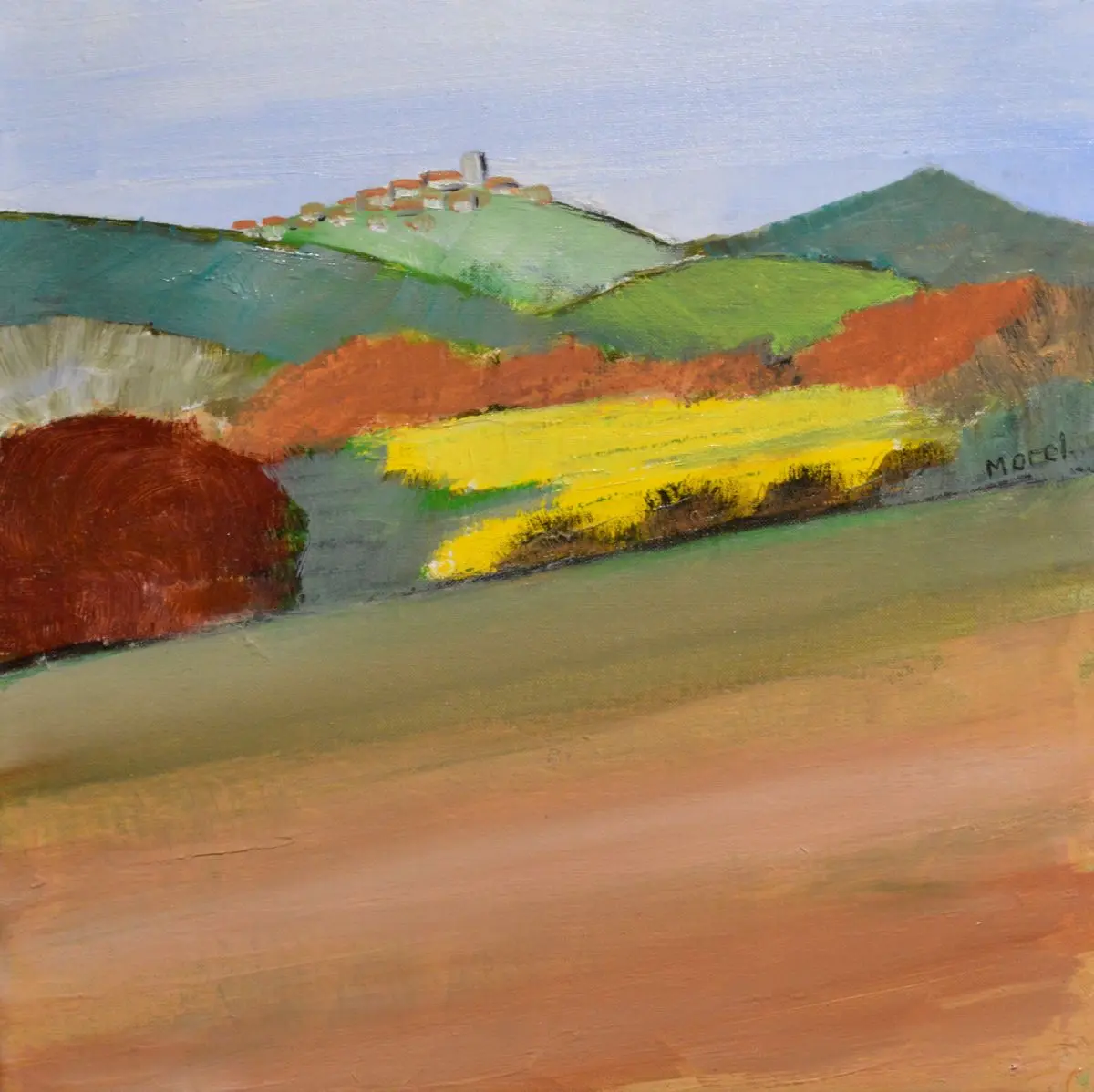 Paysage de collines peinture à l'huile sur toile, 40x40 cm, 2019