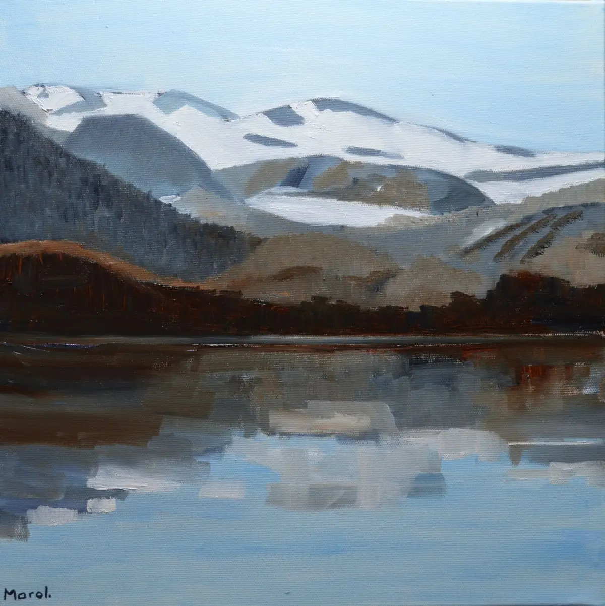 Paysage du lac Chambon en Auvergne peinture à l'huile sur toile, 40x40 cm, 2024